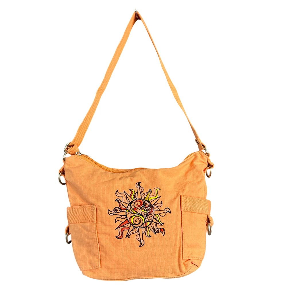 Sun Embroidered Canvas Shoulder Bag Orange Ripstop Boho Y2K Hobo Utility Pockets
